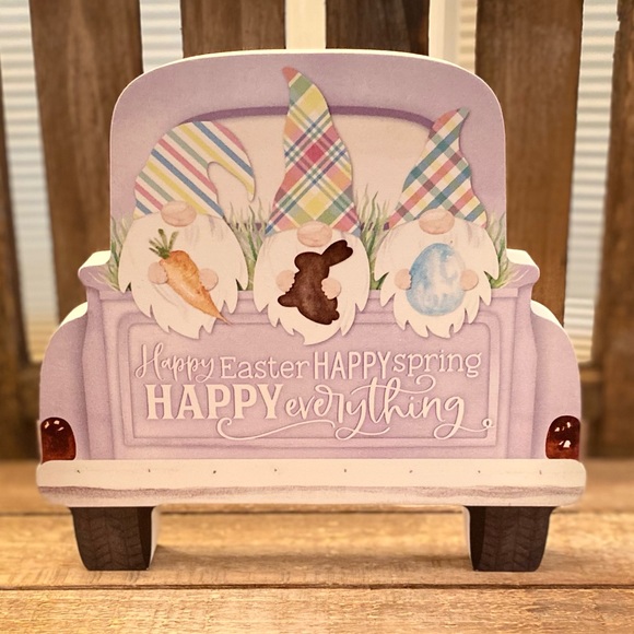Easter Gnomes In A Purple Vintage Farmhouse Truck Happy Easter Wood Sign - Picture 15 of 15